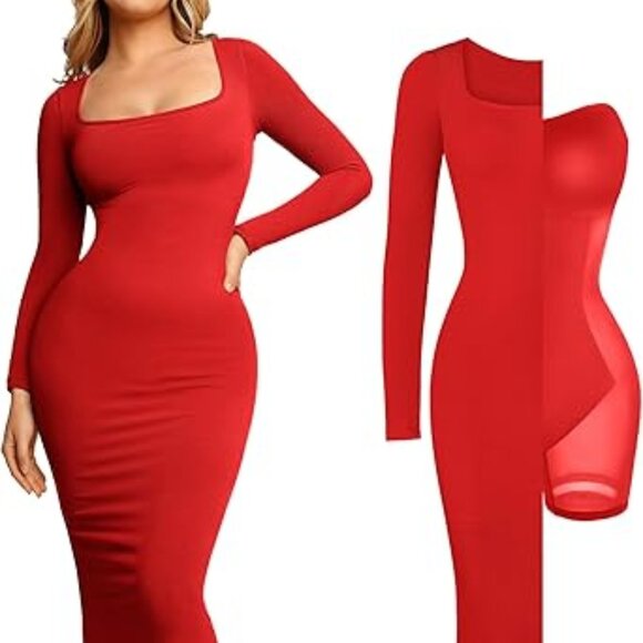 Popilush Shapewear Square Neck Long Sleeve Slimming Modal Maxi Dress (Red) - Picture 3 of 5
